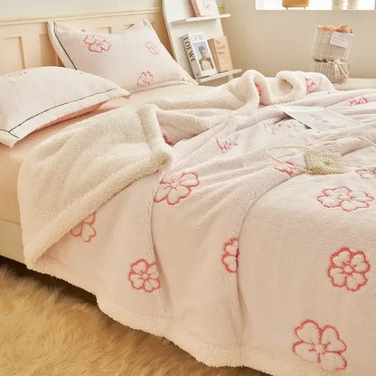 Cream-colored plush wool blanket with embroidered pink cherry blossoms decorbites butterfly jacquard fleece throw