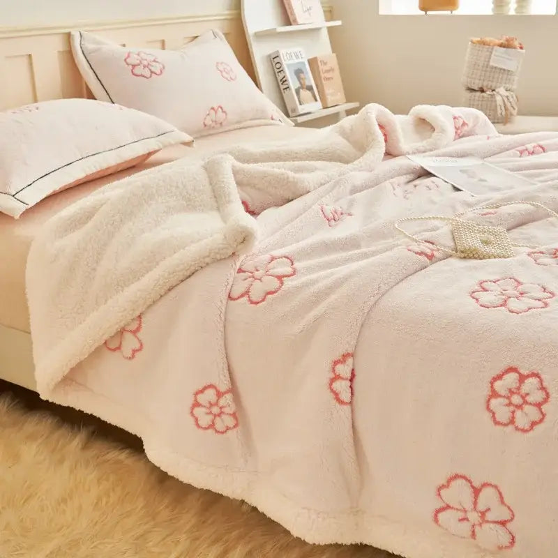 Cream-colored plush wool blanket with embroidered pink cherry blossoms decorbites butterfly jacquard fleece throw