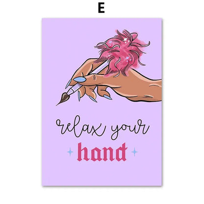 Lavender beauty salon wall art set featuring an illustrated hand with blue nails holding a paintbrush and pink glittery hair
