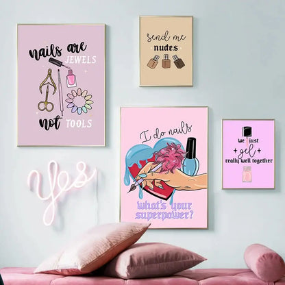 Pink framed salon wall art posters with colorful illustrations in a teal and gold beauty salon wall art set