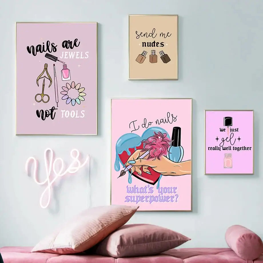 Pink framed salon wall art posters with colorful illustrations in a teal and gold beauty salon wall art set