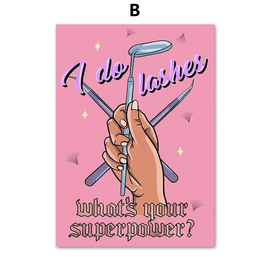 Pink rectangular beauty salon wall art featuring cartoon hand with eyelash tools and stylized lashes text design