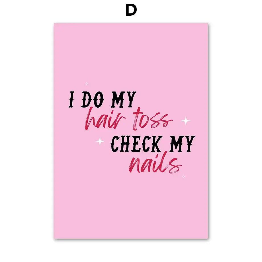 Pink rectangular salon wall art featuring hair toss and nails phrase with white star accents in teal and gold wall art set