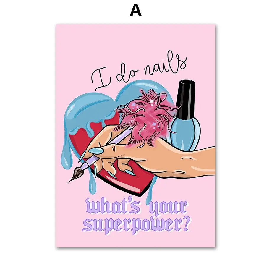 Pink rectangular canvas print with cartoon hand and nail polish bottles featuring text for beauty salon wall art set