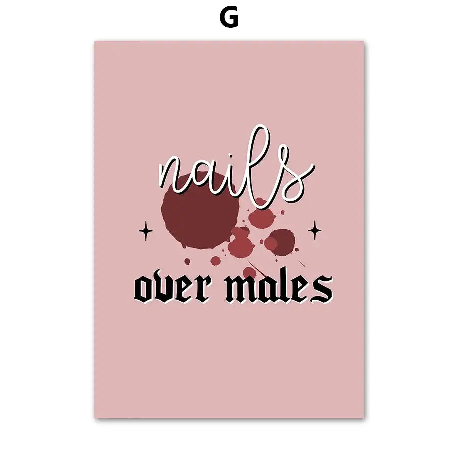 Pink rectangular beauty salon wall art poster featuring nails over males phrase with maroon nail polish splatter accents