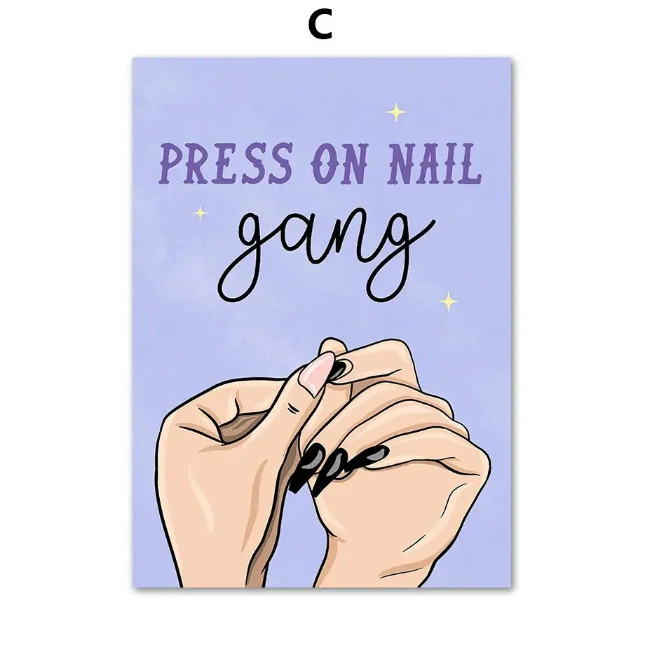 Teal and gold beauty salon wall art set featuring purple and black press on nail gang illustration for salon wall decor