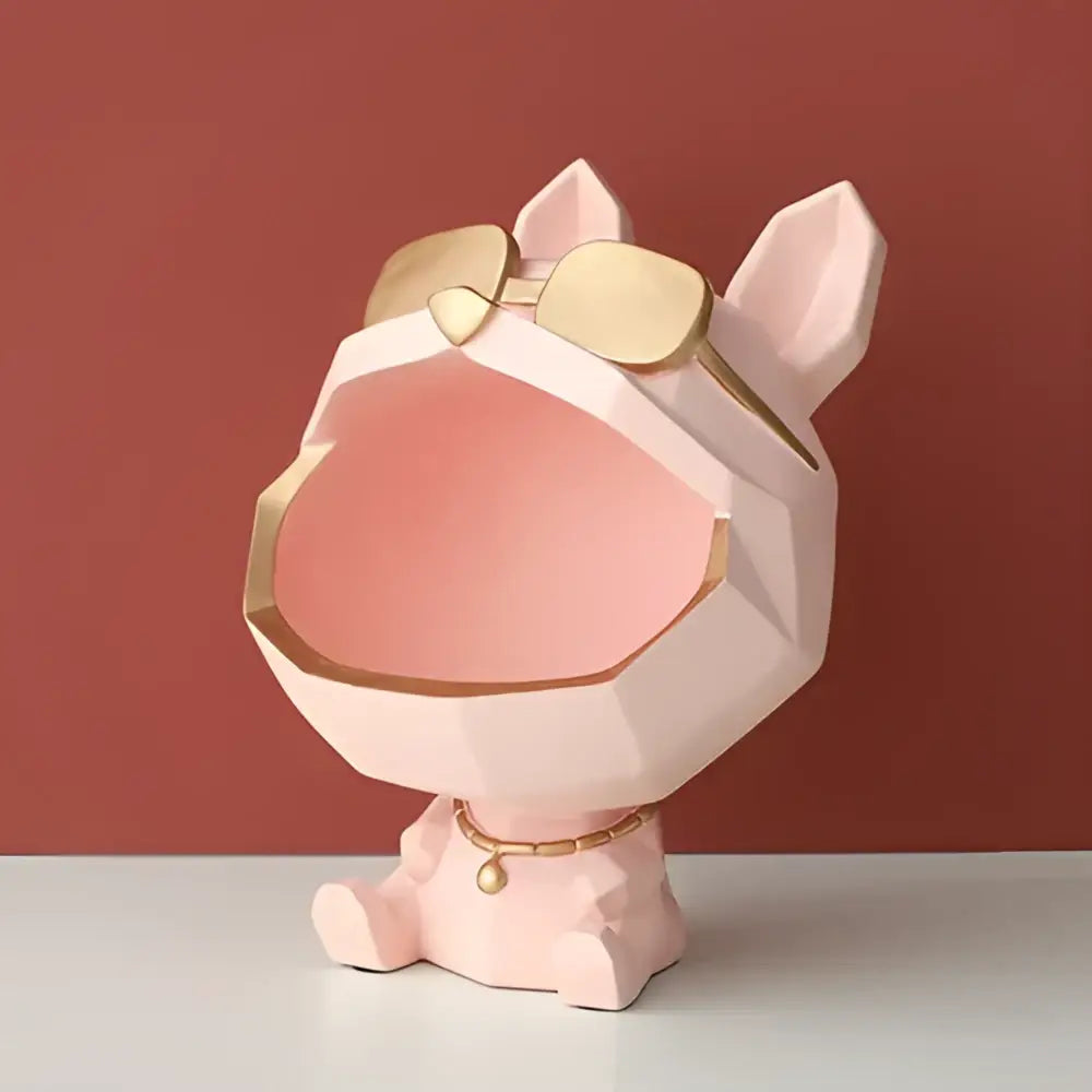 Pink geometric big mouth dog figurine with gold sunglasses and choker for decorbites big mouth living room organizer