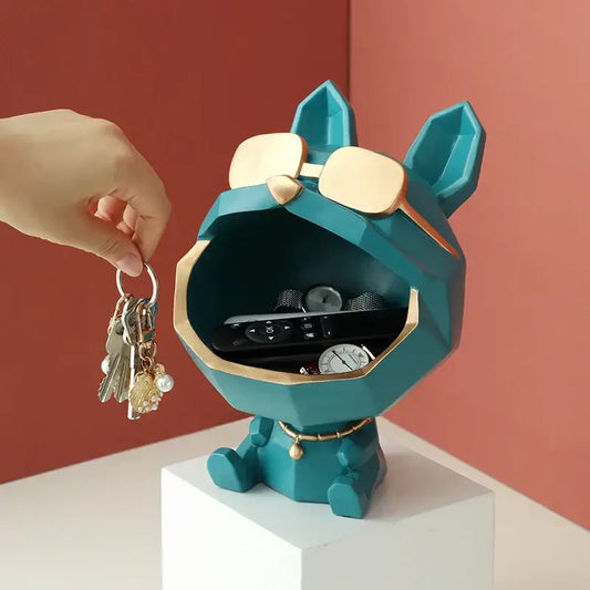 Teal and gold big mouth dog storage sculpture by decorbites with geometric design for keys remotes and watches organizer