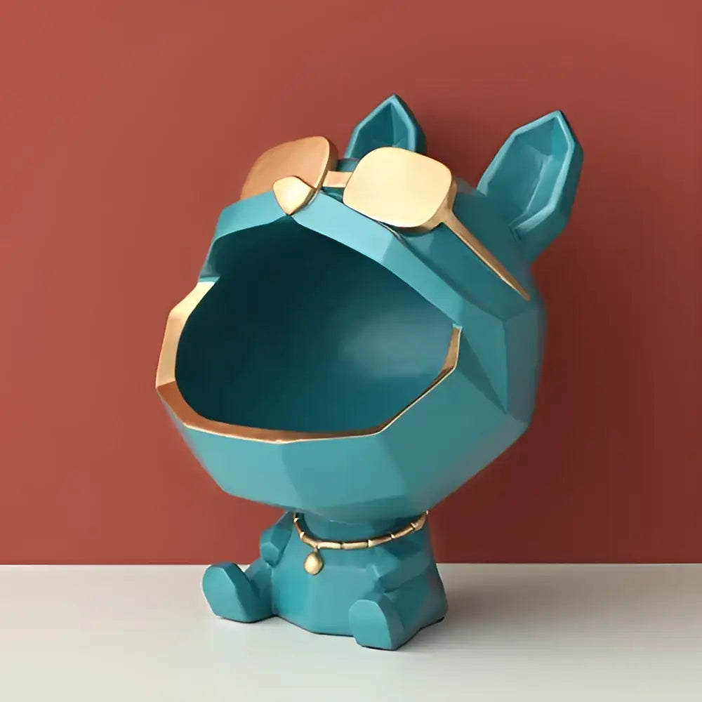 Teal and gold big mouth dog storage sculpture featuring geometric design and gold-tone collar for living room decorbites big mouth