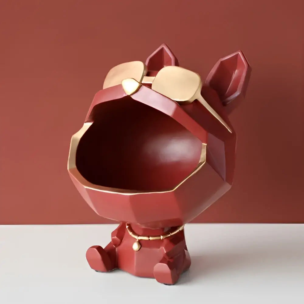 Red geometric dog-shaped decorbites big mouth dog bowl with gold accents and collar for living room storage organizer