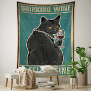 Teal and gold framed black cat tarot tapestry with pearl necklace and wine glass for bedroom wall decorbites black cat