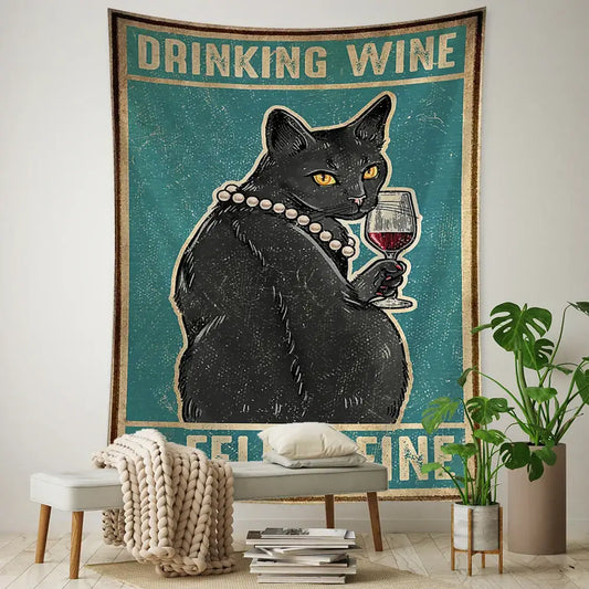 Teal and gold framed black cat tarot tapestry with pearl necklace and wine glass for bedroom wall decorbites black cat