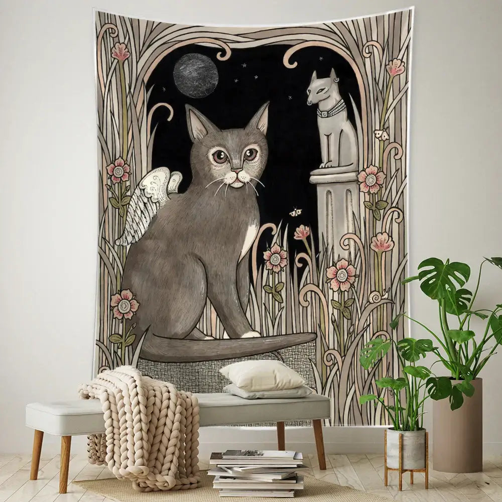 Whimsical gray cat with white wings on stone ledge in floral moonlit black cat tarot tapestry for bedroom decorbites decor