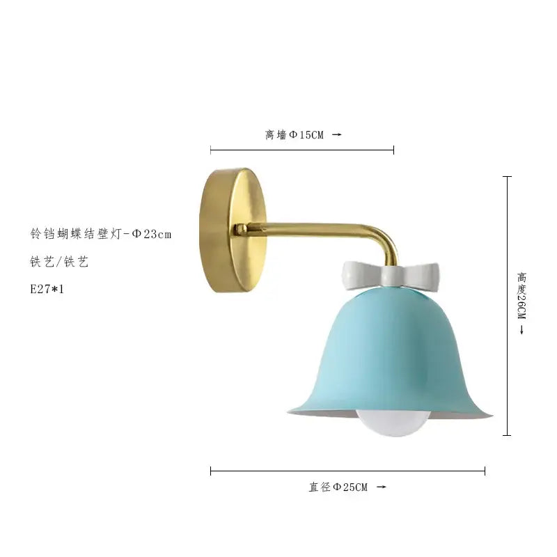 Light blue bell-shaped wall lamp with white bow accent and gold metal arm decorbites bowknot bell sconce