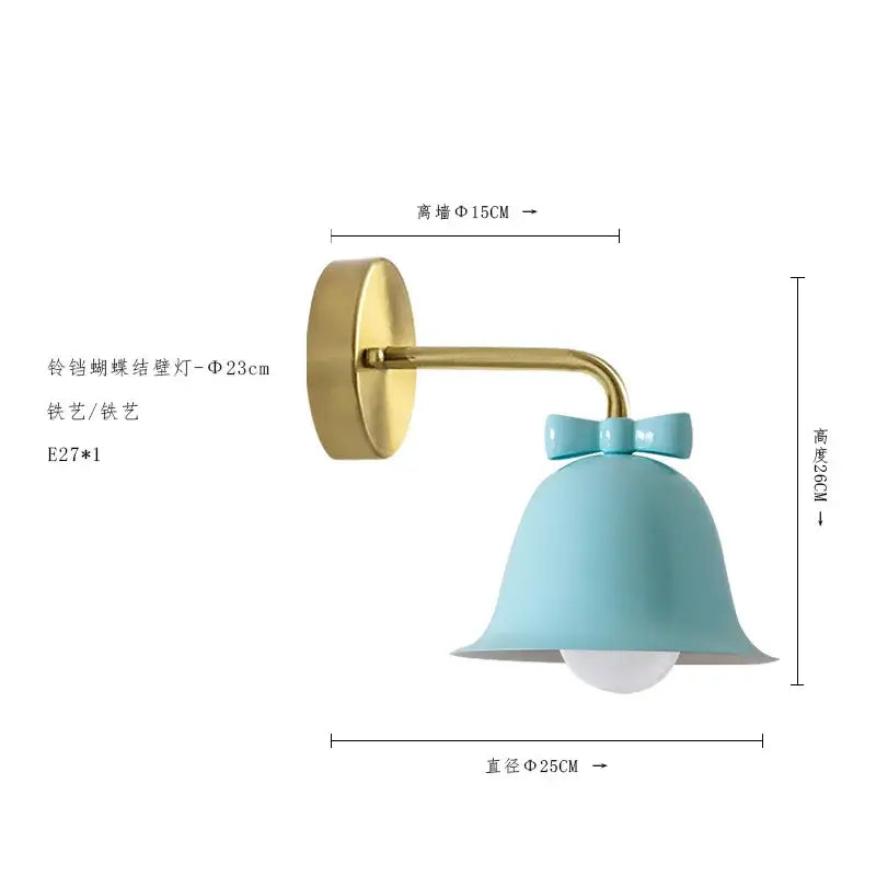 A light blue glass bowknot bell wall lamp with gold metal arm by decorbites for bedroom decor