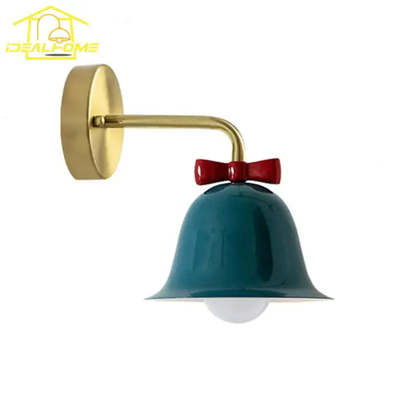 Teal glass bowknot bell wall lamp with red bow accent and brass mounting bracket for bedroom decorbites bowknot bell wall