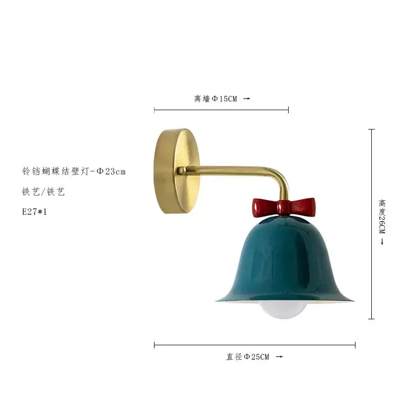 Teal bowknot bell wall lamp with brass arm and red bow accent glass sconce for bedroom decorbites bowknot bell design