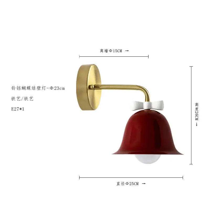 Red bowknot bell wall lamp with gold-finished metal arm and white bow for elegant bedroom decorbytes bowknot bell decor