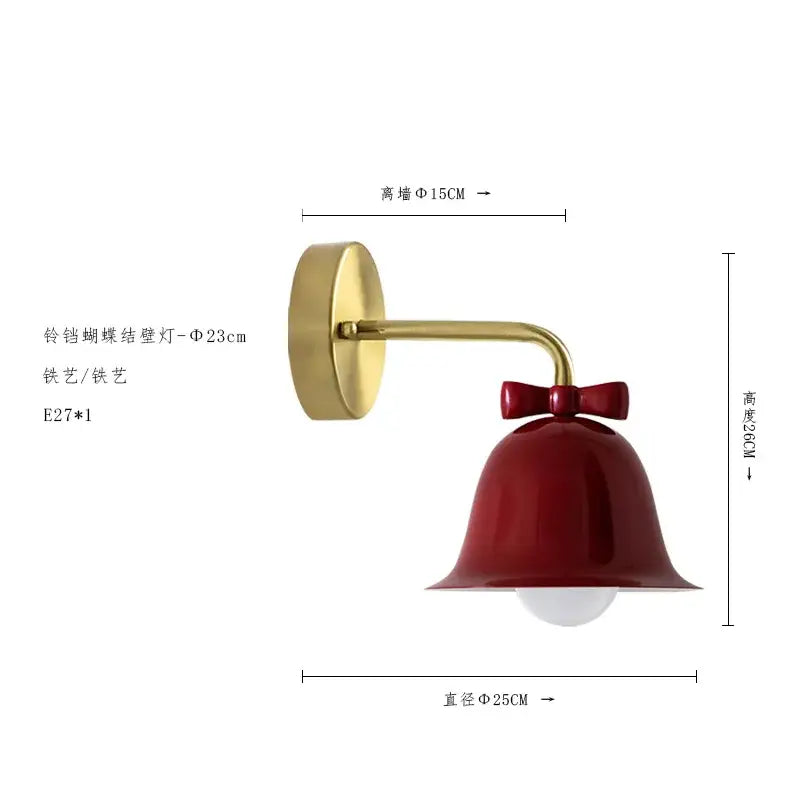 Red bell-shaped wall lamp with gold metal arm and decorative bow for bedroom featuring decorbites bowknot bell wall design