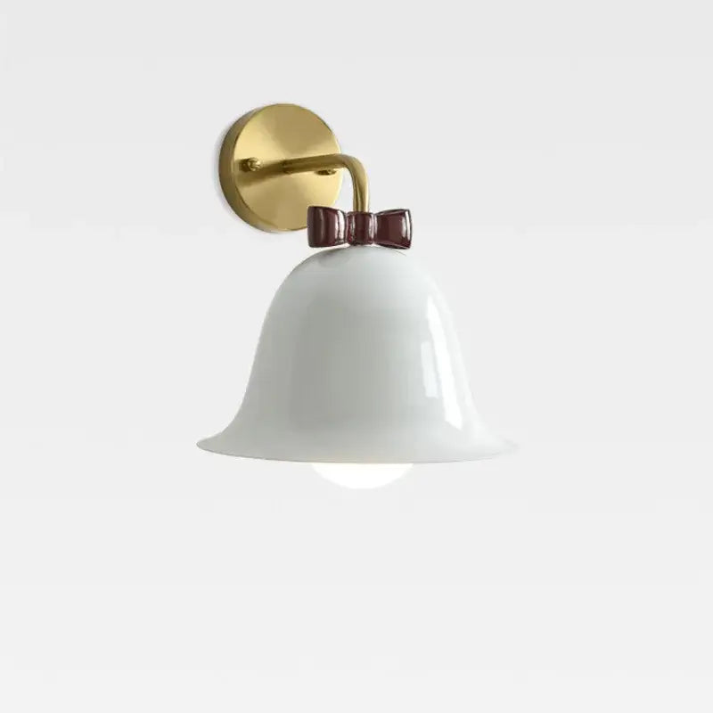 White ceramic bell-shaped wall lamp with gold metal bracket and dark brown bow decorbites bowknot bell wall sconce