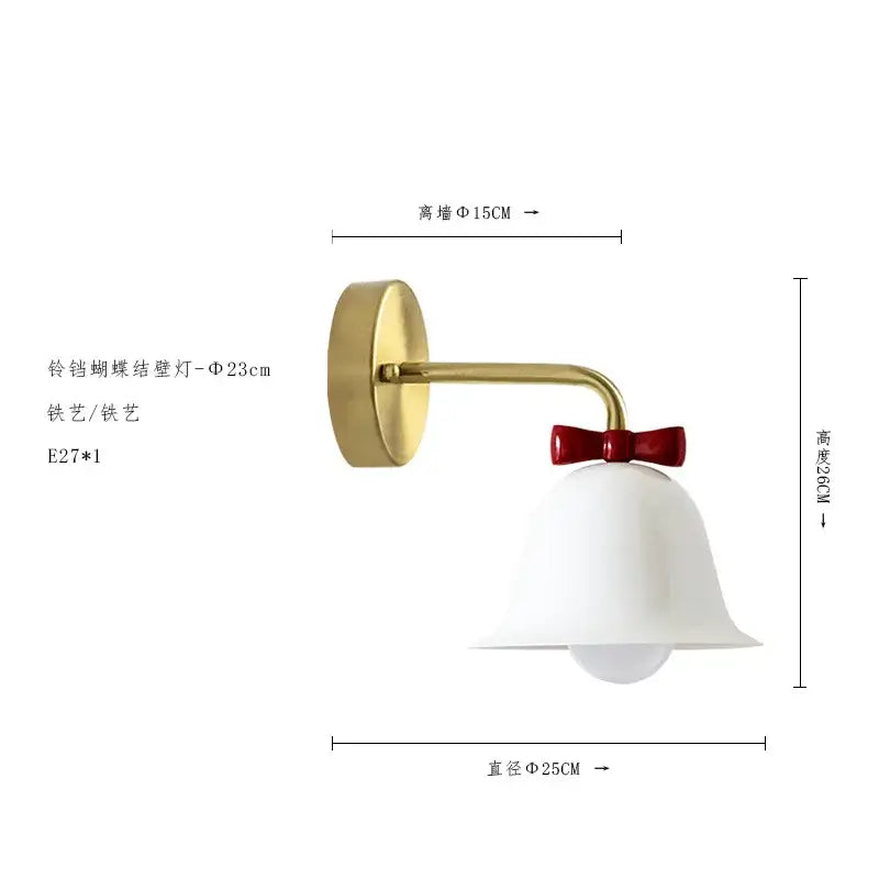 White bell-shaped wall lamp with gold metal arm and red bow accent decorbites bowknot bell wall lamp for bedroom
