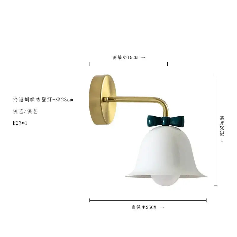 White bell-shaped wall lamp with gold metal arm and dark green bow accent decorbites bowknot bell wall lamp