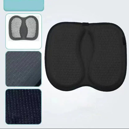 Black ergonomic seat cushion with contoured design and textured fabric surface featuring silica gel decorbites 3d honeycomb support