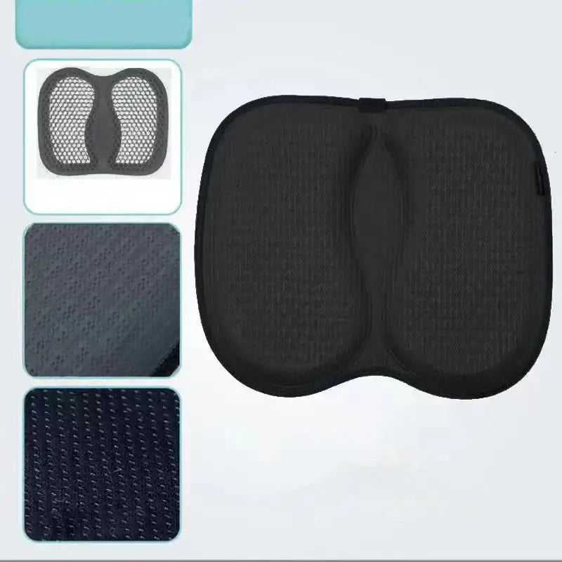 Black ergonomic seat cushion with contoured design and textured fabric surface featuring silica gel decorbites 3d honeycomb support