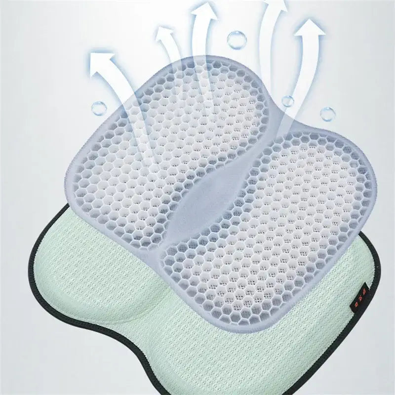 Translucent gray silica gel seat cushion with teal and black 3d honeycomb pattern and light green mesh backing for ergonomic support