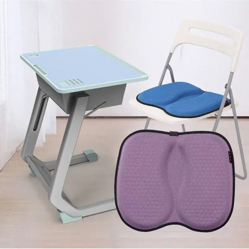 Purple ergonomic seat cushion with textured fabric and black trim featuring decorbites 3d honeycomb silica gel support