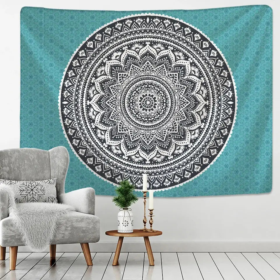 Teal black and white bohemian mandala wall hanging with intricate circular patterns for decorbites bohemian mandala decor