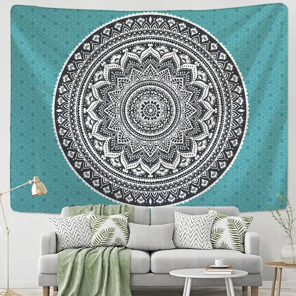 Teal black and white bohemian mandala wall hanging with intricate geometric patterns for decorbites bohemian mandala decor