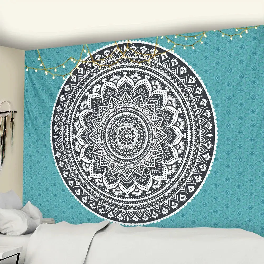 Teal black and white bohemian mandala wall hanging with intricate lace detailing for decorbites bohemian mandala decor