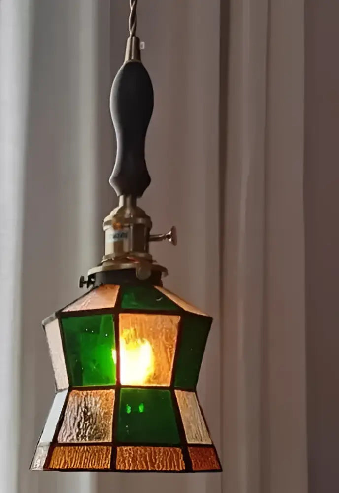 Green and amber stained glass pendant light with brass fixture and wooden handle for decorbites blue glass pendant