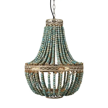 Antique brass pendant light chandelier adorned with cascading teal blue wood beads for bedroom decorbites blue wood beads