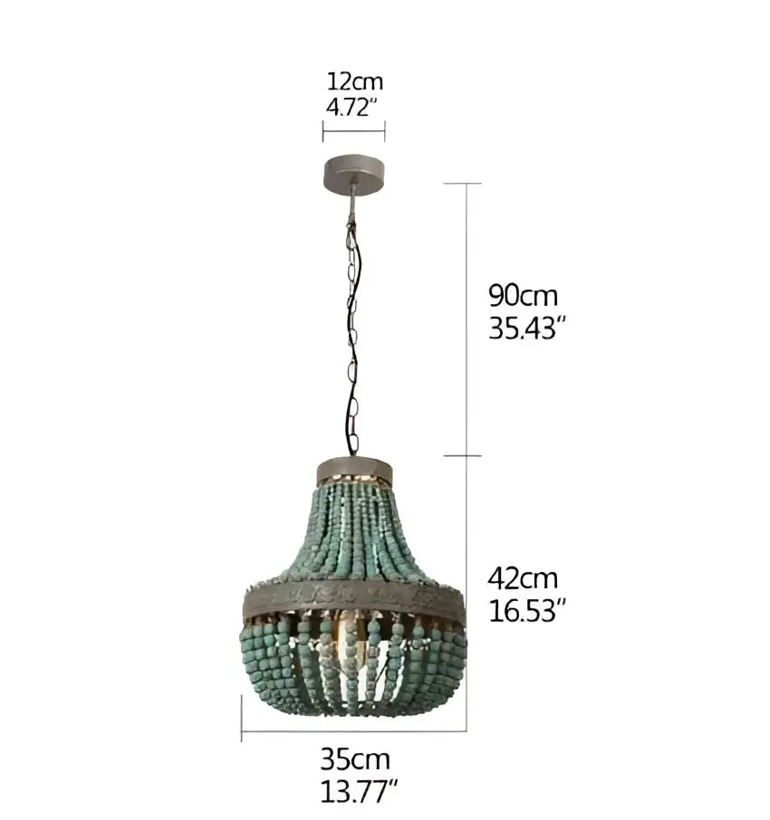 Rustic teal pendant light featuring blue wood beads with metal frame and chain suspension for decorbites blue wood decor