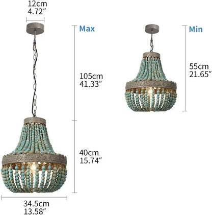 Rustic teal blue wood beads pendant light with metal frame and chain suspension for decorbites blue wood decor