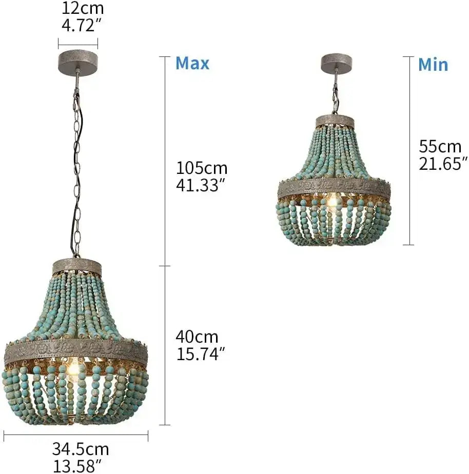 Rustic teal blue wood beads pendant light with metal frame and chain suspension for decorbites blue wood decor
