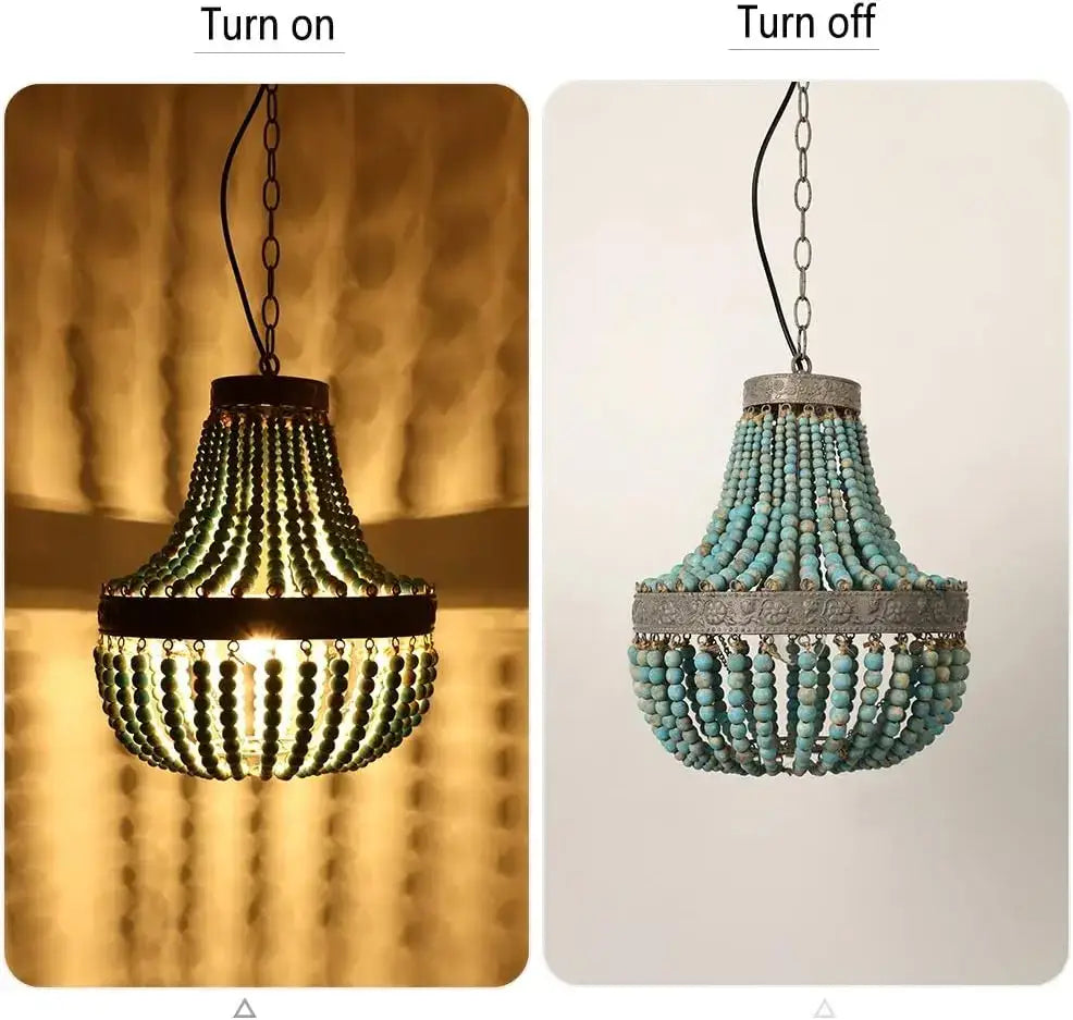Teal blue wood beads pendant light with turquoise beaded chandelier and metallic ornate frame for decorbites blue wood decor