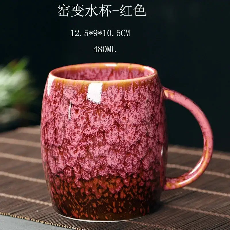 Teal and brown crackle glaze 480ml ceramic mug with vibrant red crackled finish from burgundy to pinkish red