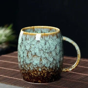 Teal and brown crackle glaze 480ml ceramic mug with sturdy handle ideal for kitchen coffee use