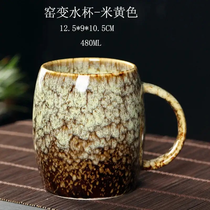 Teal and brown crackle glaze 480ml ceramic mug with mottled earthy tones and textured crackle finish for coffee use