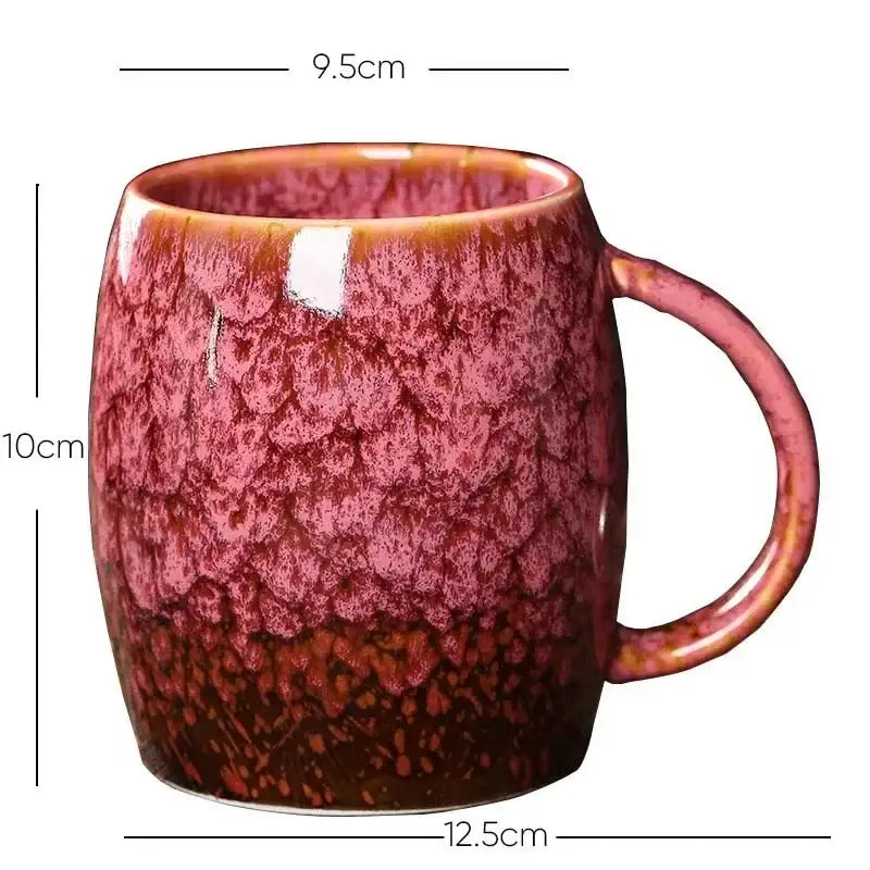 Teal and brown crackle glaze 480ml ceramic mug with gradient red to amber speckled surface and sturdy handle for coffee