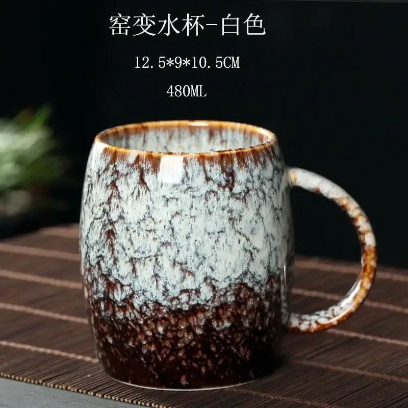 A white ceramic mug with a brown crackled glaze fading from rim to base 480ml ceramic mug for coffee