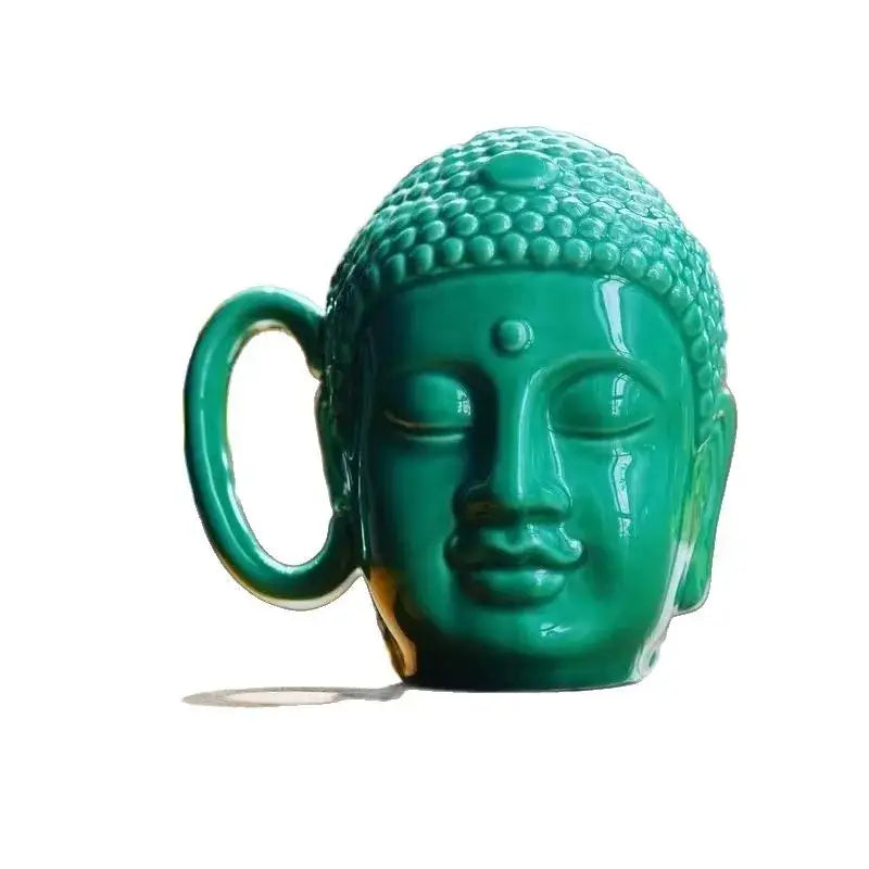 Teal buddha sculpture ceramic coffee mug with detailed hair texture and closed eyes for decorbites buddha sculpture decor