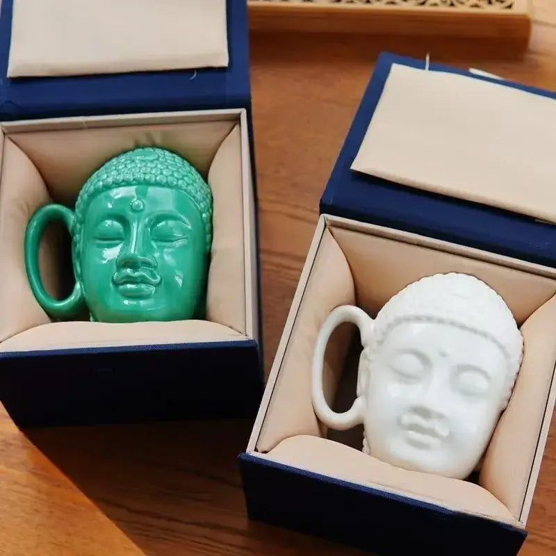 Green and white ceramic buddha sculpture coffee mugs in navy blue gift boxes with beige lining for kitchen decorbites decor