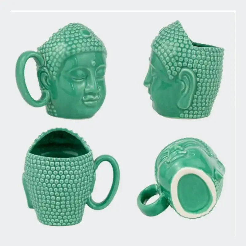 Teal buddha sculpture ceramic coffee mug with textured beaded hair and smooth facial finish by decorbites buddha sculpture