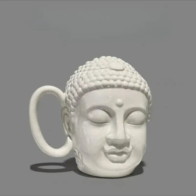 White ceramic decorbites buddha sculpture coffee mug with detailed ushnisha and dot for kitchen decor