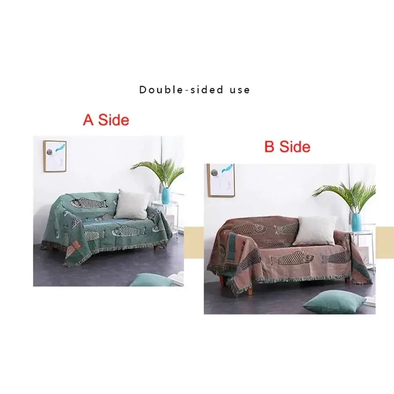 A double-sided teal and brown woven sofa blanket with butterfly carp pattern and fringed edges for living room use