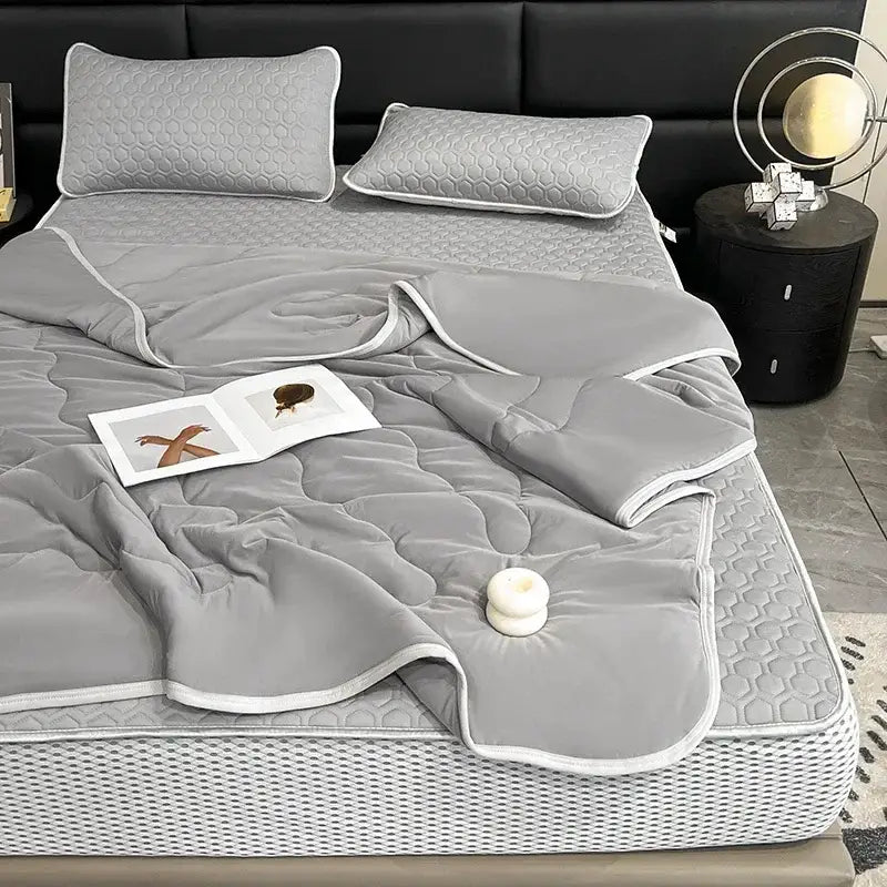Gray quilted bed set with white piping and subtle honeycomb texture for decorbites cool summer blanket set bedroom quilt